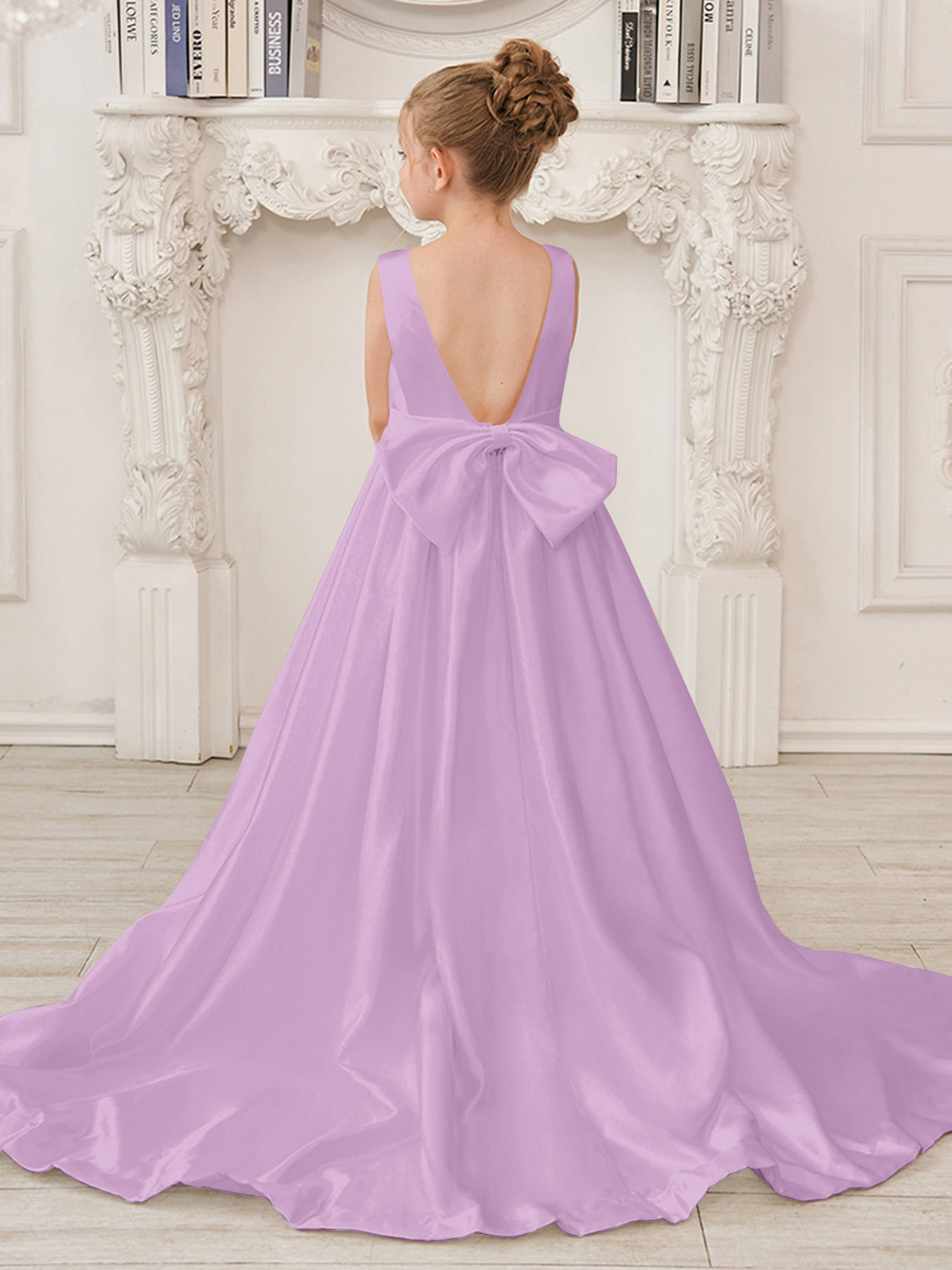 A-Linie Prinzessin Ärmelloses Satin Blumenmädchenkleid mit Schleppe und Schleife 