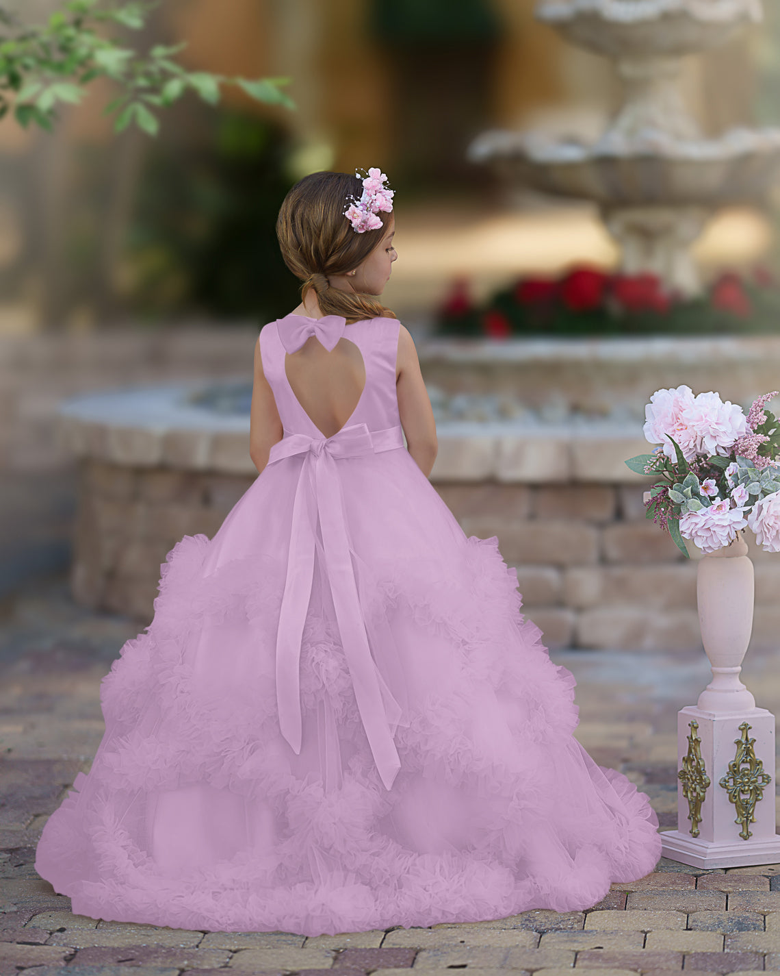 A-Linie Satin Tüll Bodenlang Kaskadierende Rüschen Blumenmädchenkleid