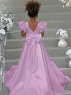 Blumenmädchenkleid mit Puffärmeln, Schleife, Knopfleiste hinten und Schleppe 