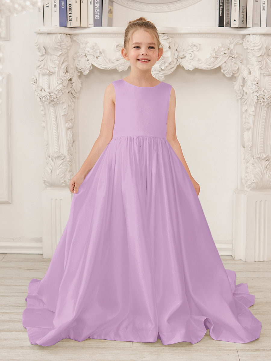 Vestido de niña de las flores de satén sin mangas, corte princesa, con cola larga y lazo