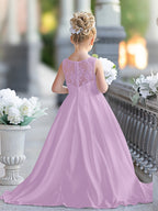 A-Linie Spitze Satin Bodenlang Erstkommunionkleid für Blumenmädchen 