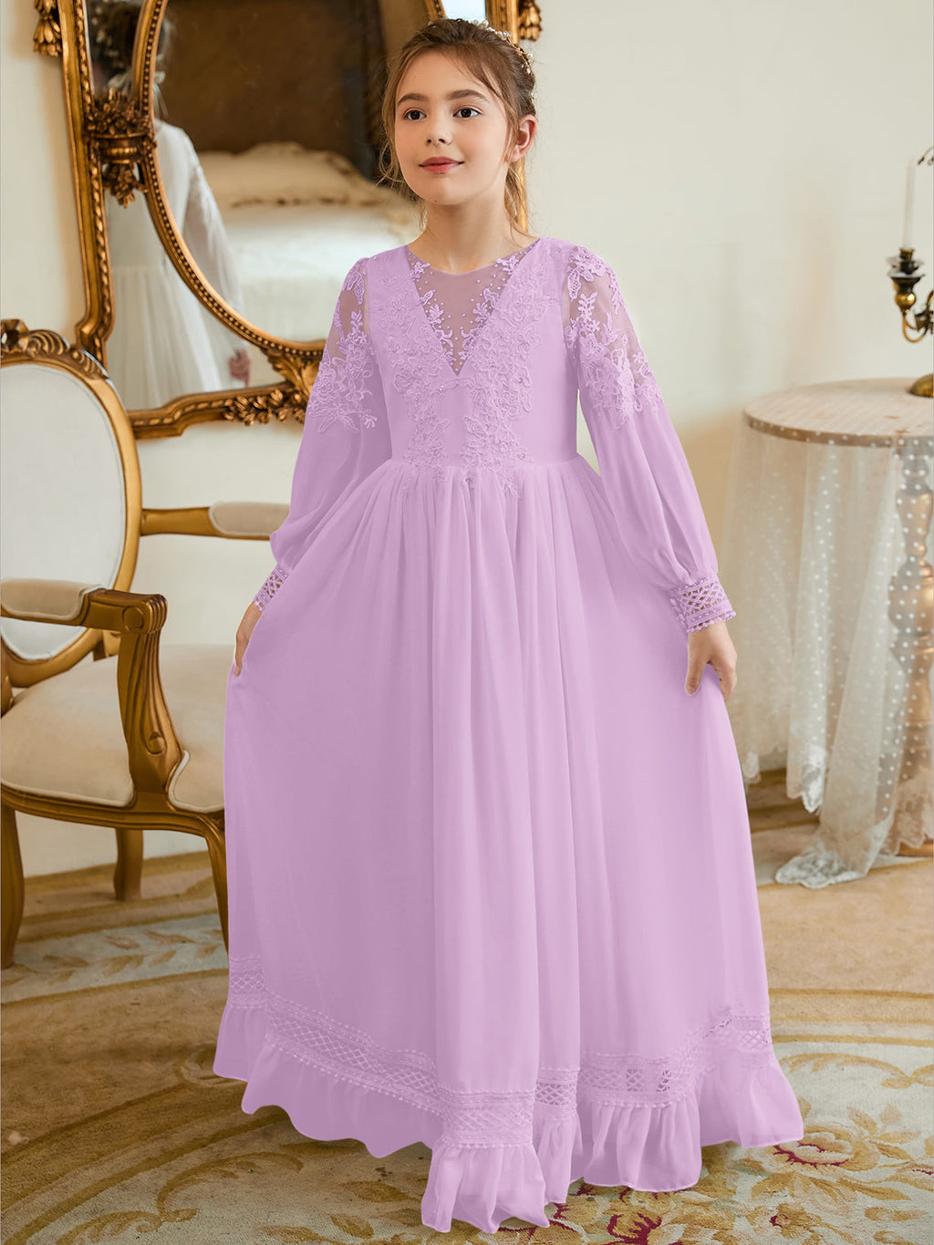 Bodenlanges Chiffon-Kleid in A-Linie und Elfenbein für die Erstkommunion 