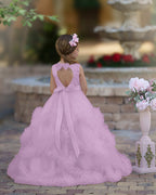 Vestido de niña de las flores de tul satinado con corte A y volantes en cascada hasta el suelo