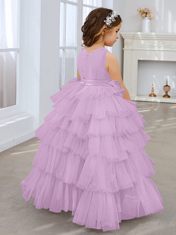 Vestido de fiesta/princesa rosa perla sin mangas con lazo de tul para niña de las flores