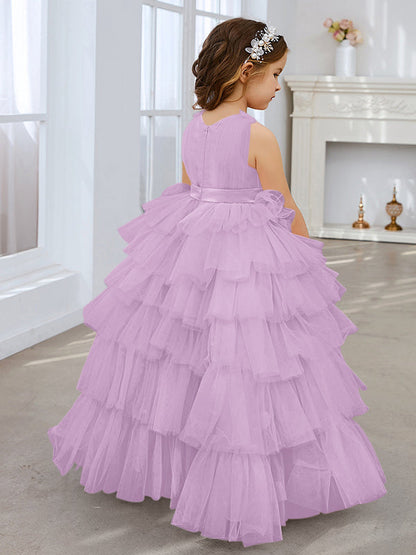 Vestido de fiesta/princesa rosa perla sin mangas con lazo de tul para niña de las flores