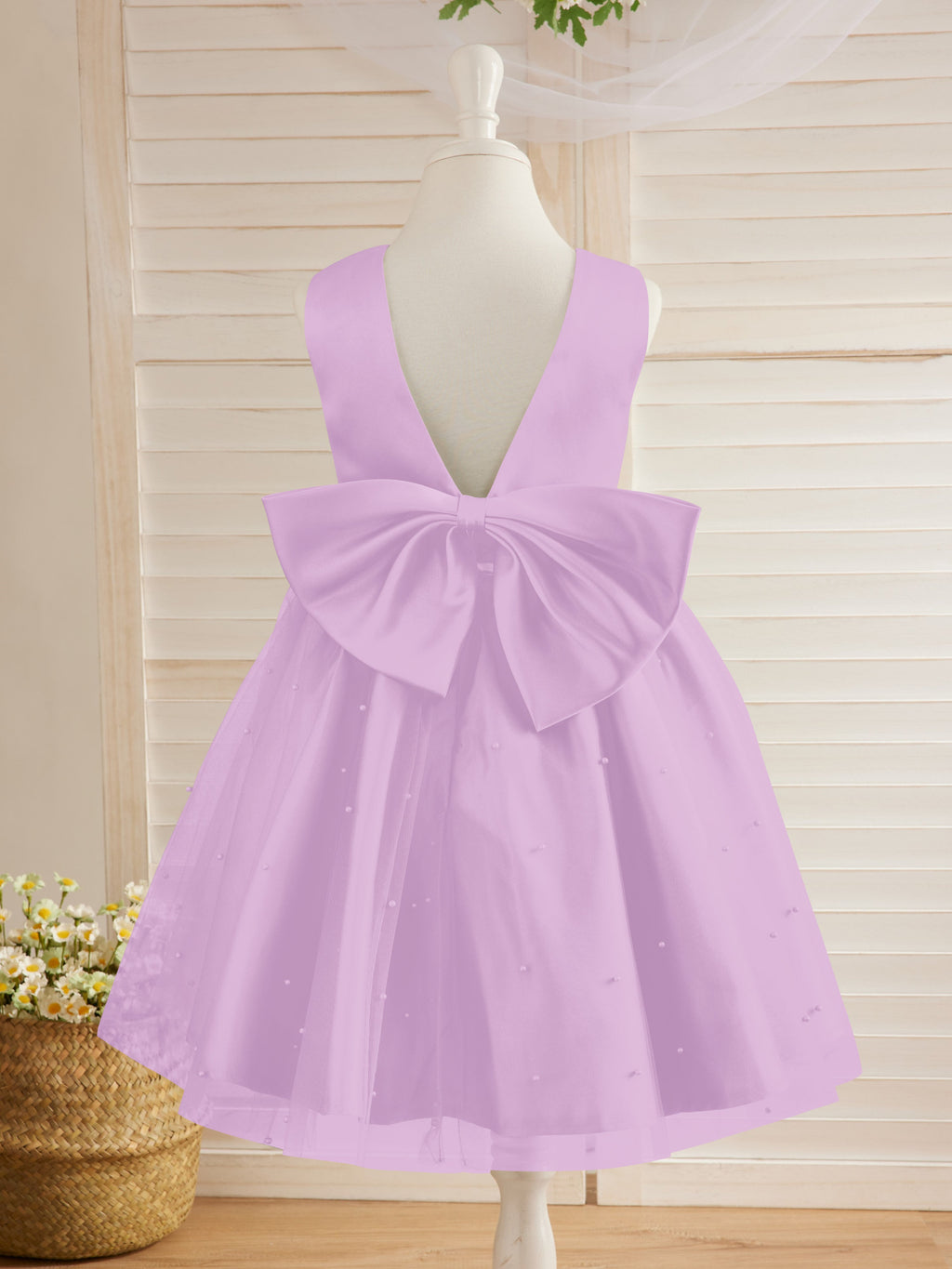 Vestido de niña de las flores de satén, tul y hasta la rodilla, estilo princesa