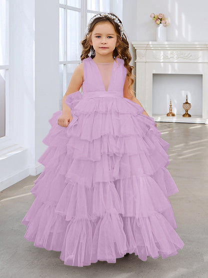 Vestido de fiesta/princesa rosa perla sin mangas con lazo de tul para niña de las flores