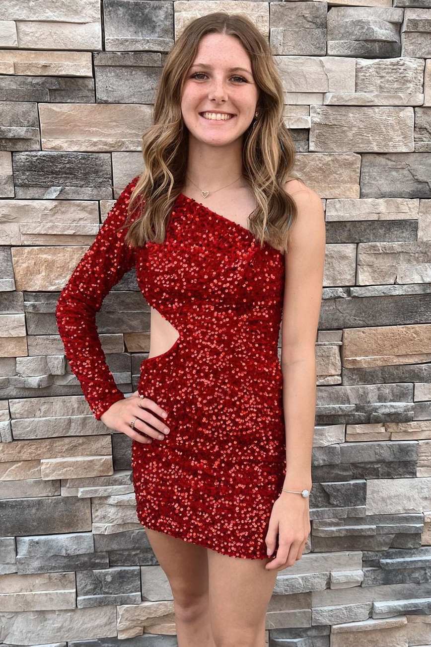 Sequin One-Sleeve Cutout Short Homecoming Dress