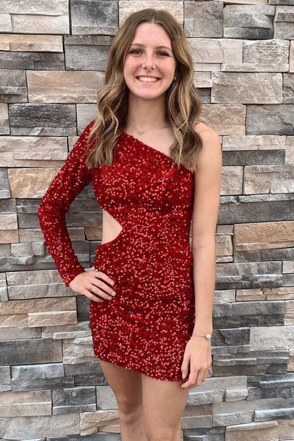Sequin One-Sleeve Cutout Short Homecoming Dress