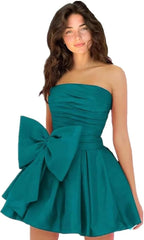 Vestidos de fiesta cortos y elegantes de corte A, sin mangas, sin tirantes, fruncidos, con cordones y lazo