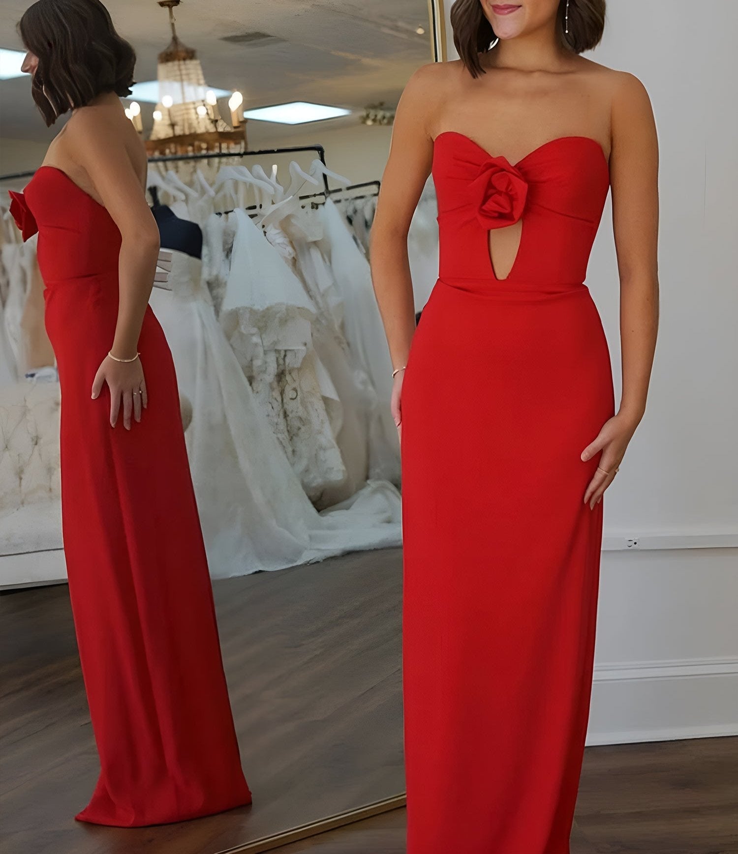 Lindy | Vestido de fiesta largo de sirena de satén rojo con escote corazón