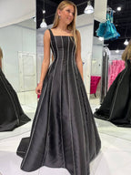 Linlee | Vestido de fiesta largo plisado con cuentas cuadradas y tirantes en A, color negro