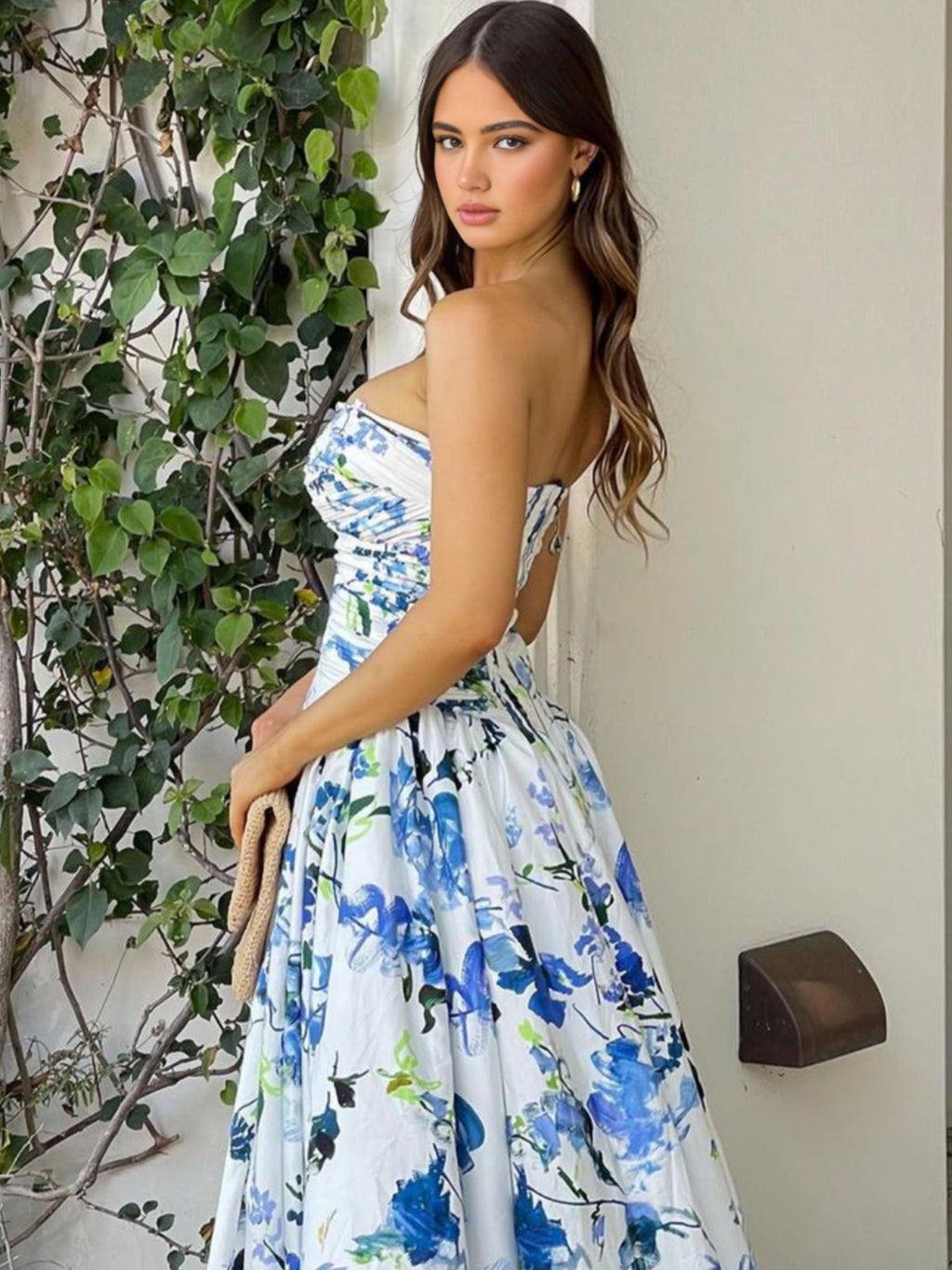 Little | Vestido de fiesta largo sin tirantes, estampado azul, corte A