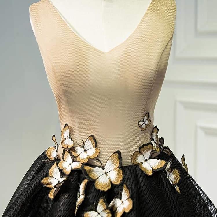 Vestido negro corto de fiesta con escote en V y mariposa, PD397