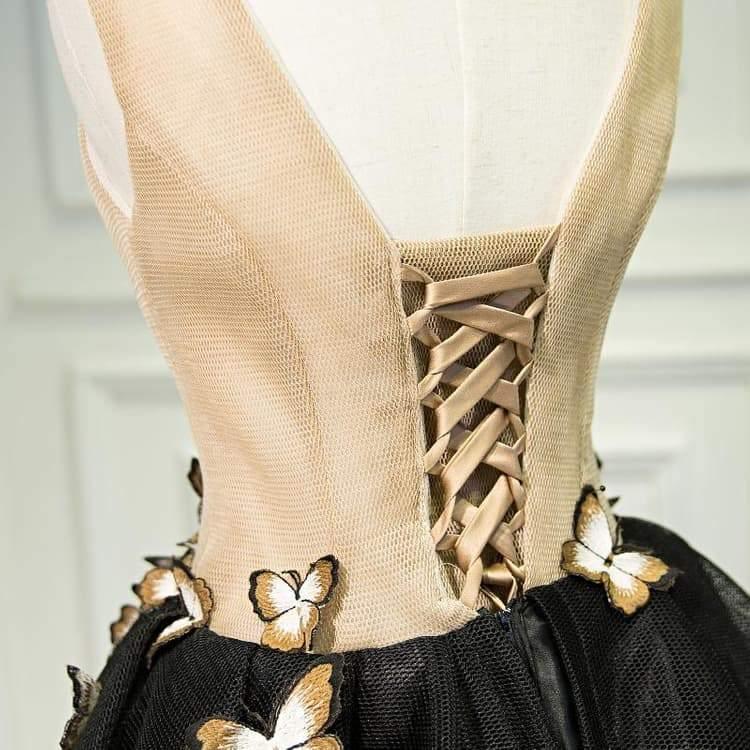 Vestido negro corto de fiesta con escote en V y mariposa, PD397