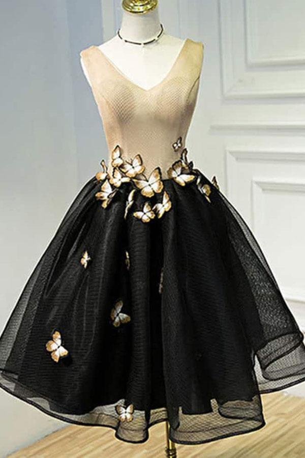 Vestido negro corto de fiesta con escote en V y mariposa, PD397
