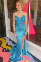 Loey | Vestido de fiesta de sirena con escote en V y abertura en satén azul