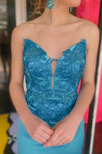 Loey | Vestido de fiesta de sirena con escote en V y abertura en satén azul