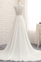 Vestido de novia largo de gasa con encaje y apliques en forma de A con abertura