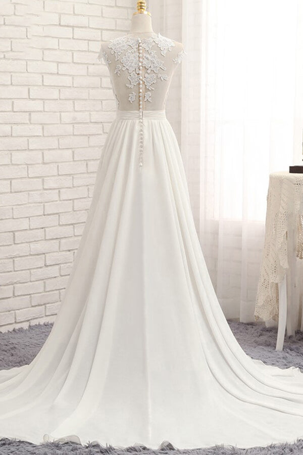 Vestido de novia largo de gasa con encaje y apliques en forma de A con abertura