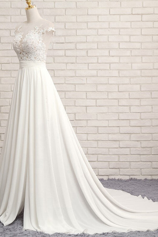 Vestido de novia largo de gasa con encaje y apliques en forma de A con abertura