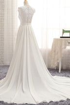 Vestido de novia largo de gasa con encaje y apliques en forma de A con abertura