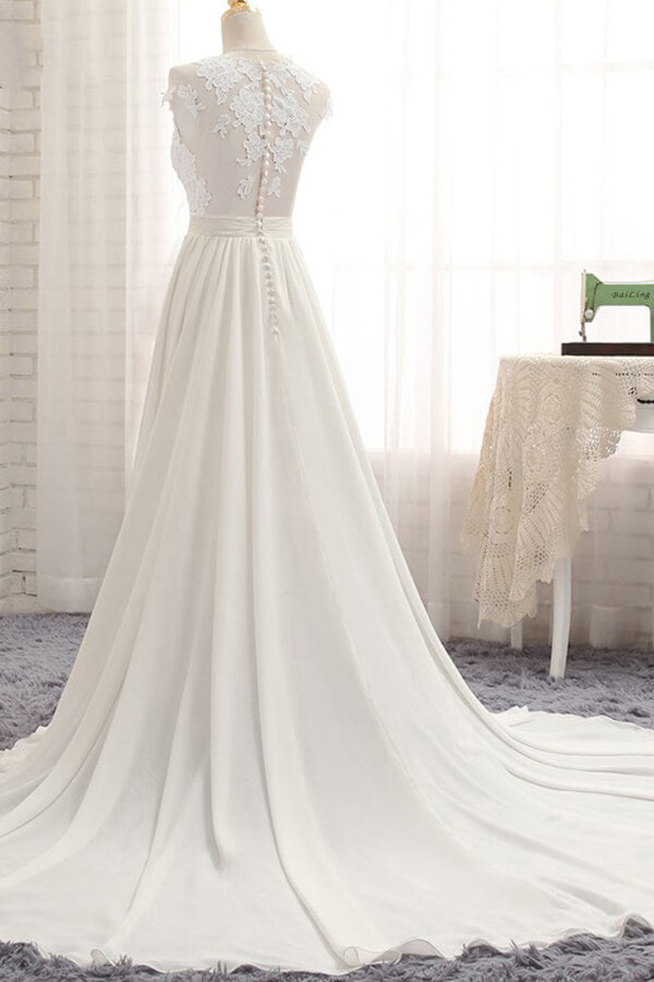 Vestido de novia largo de gasa con encaje y apliques en forma de A con abertura