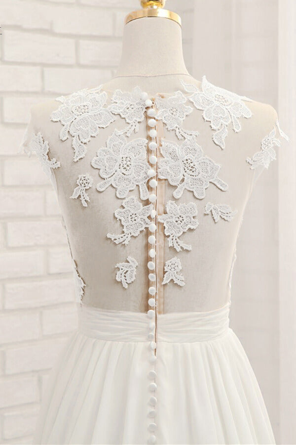 Vestido de novia largo de gasa con encaje y apliques en forma de A con abertura