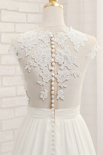Long A-line Appliques Lace Chiffon Wedding Dress with Slit