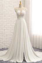 Vestido de novia largo de gasa con encaje y apliques en forma de A con abertura