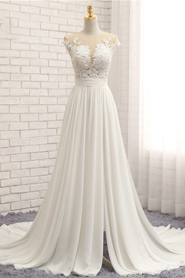 Vestido de novia largo de gasa con encaje y apliques en forma de A con abertura