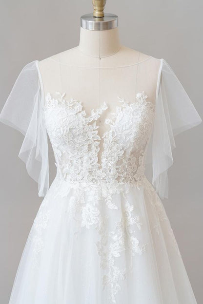 Long A-line Appliques Lace Tulle Wedding Dress with Sleeves
