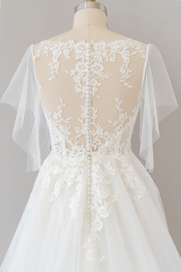 Long A-line Appliques Lace Tulle Wedding Dress with Sleeves