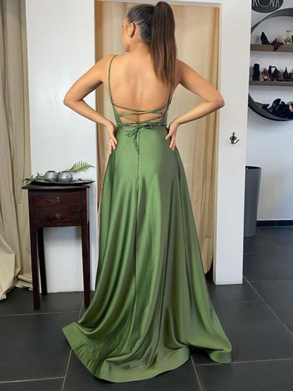 Long A-line Backless Prom Dress with Slit Formal Graduation Evening Dresses with Pockets