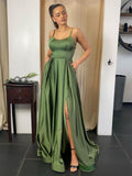 Long A-line Backless Prom Dress with Slit Formal Graduation Evening Dresses with Pockets