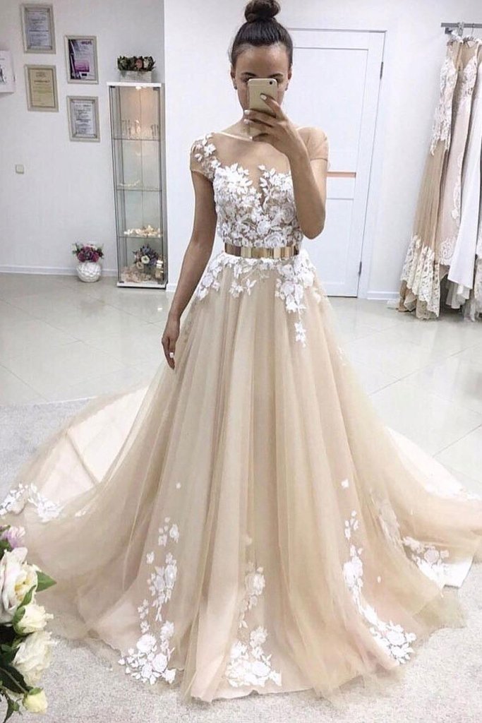 Long A-line Bateau Lace Appliqued Gold Sash Wedding Dress with Sleeves