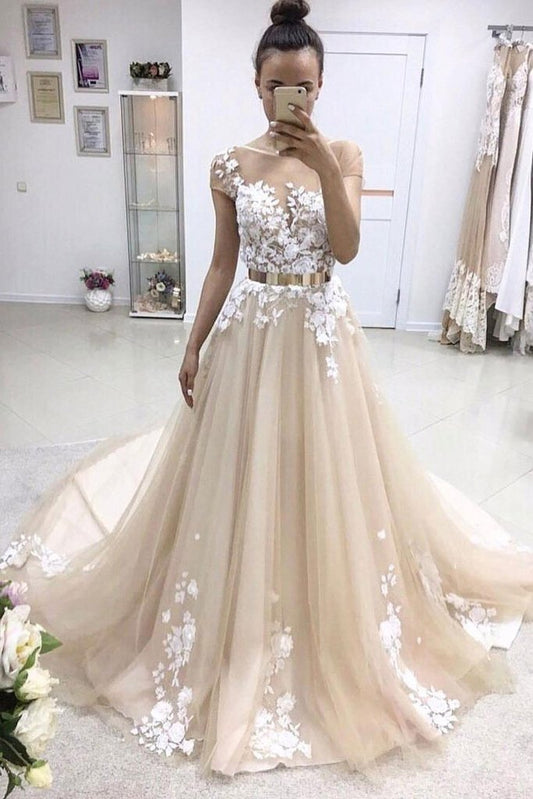 Long A-line Bateau Lace Appliqued Gold Sash Wedding Dress with Sleeves