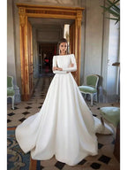 Long A-Line Bateau Neck Court Train Polyester Backless Wedding Dresses with Sleeves