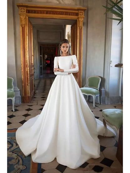 Long A-Line Bateau Neck Court Train Polyester Backless Wedding Dresses with Sleeves