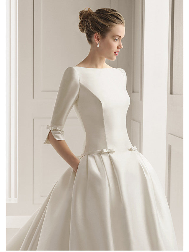 Long A-Line Bateau Neck Polyester Half Sleeve Backless Wedding Dresses with Pockets