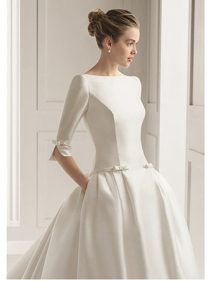 Long A-Line Bateau Neck Polyester Half Sleeve Backless Wedding Dresses with Pockets