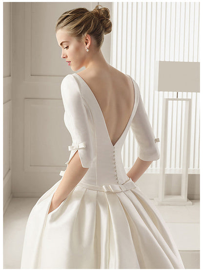 Long A-Line Bateau Neck Polyester Half Sleeve Backless Wedding Dresses with Pockets