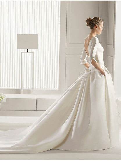 Long A-Line Bateau Neck Polyester Half Sleeve Backless Wedding Dresses with Pockets