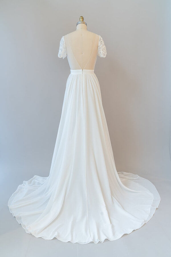 Vestido de novia largo de gasa con corte en A, espalda descubierta y mangas