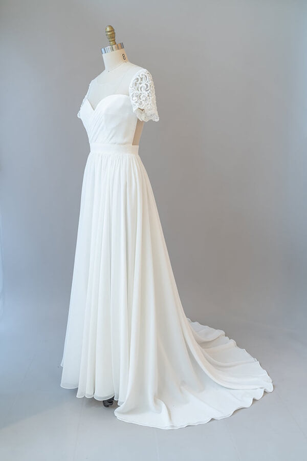 Vestido de novia largo de gasa con corte en A, espalda descubierta y mangas