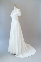 Vestido de novia largo de gasa con corte en A, espalda descubierta y mangas
