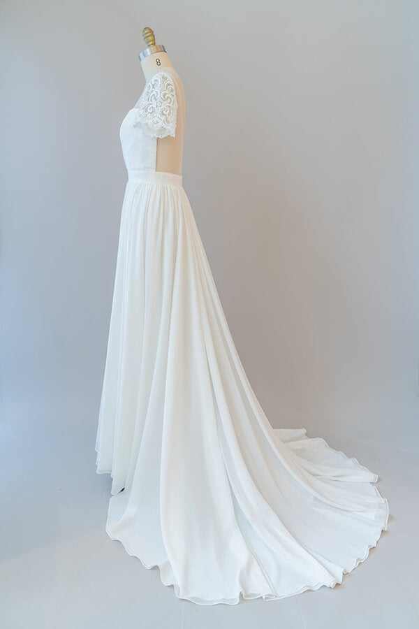 Vestido de novia largo de gasa con corte en A, espalda descubierta y mangas
