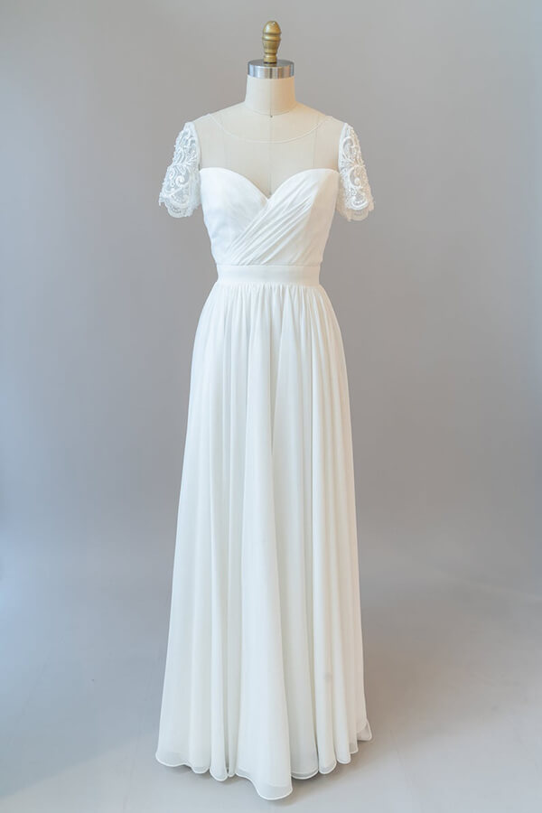Vestido de novia largo de gasa con corte en A, espalda descubierta y mangas