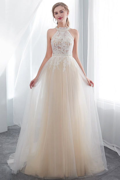 Long A-line Halter Appliques Lace Tulle Evening Dresses