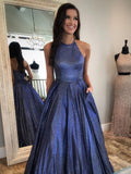 Vestidos de graduación formales largos de corte A con cuello halter, espalda descubierta y bolsillos
